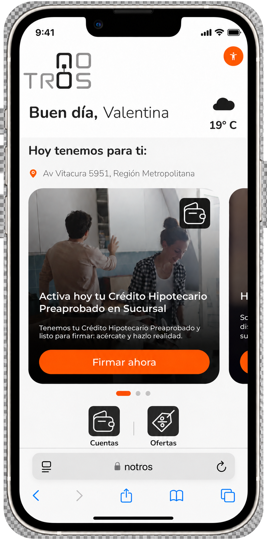 Pantalla NOTROS modo día — oferta hipotecaria contextual