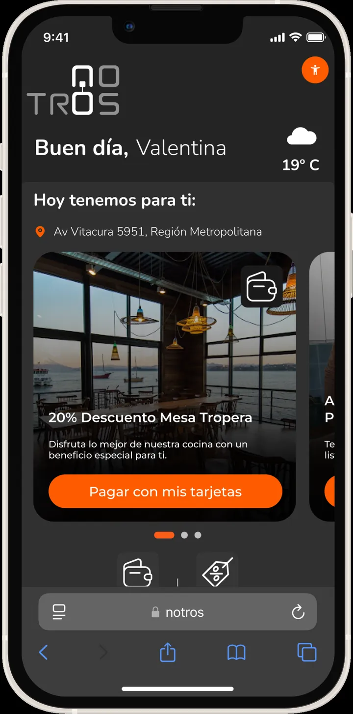 Pantalla NOTROS modo noche — oferta hipotecaria contextual