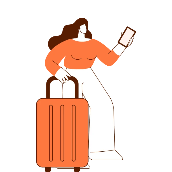 Viajera con maleta usando su teléfono