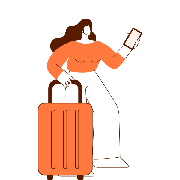 Viajera con maleta usando su teléfono