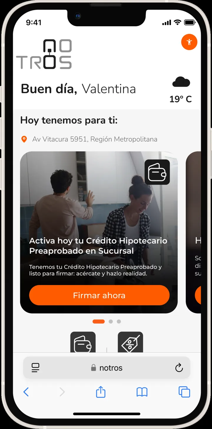 Pantalla NOTROS modo día — oferta hipotecaria contextual